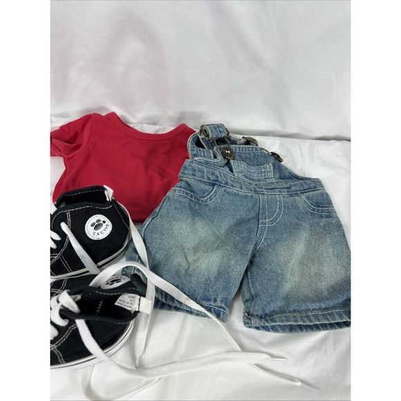 Build A Bear Workshop Denim Blue Jean Overalls With Red Shirt And  Shoes - Picture 1 of 8
